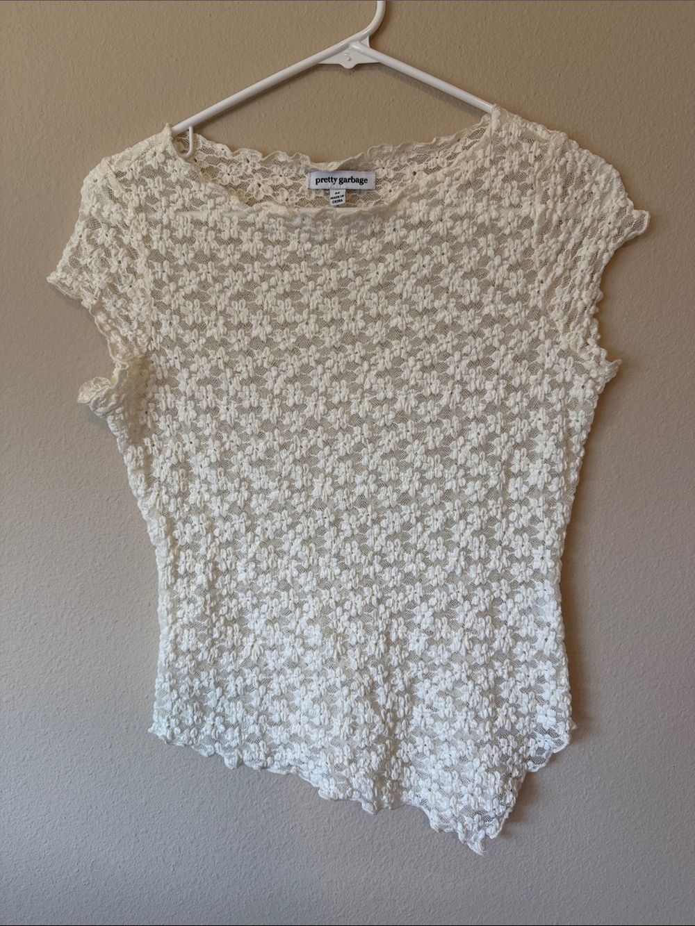 Pretty Garbage Women's Cream Crochet Short Sleeve Tee